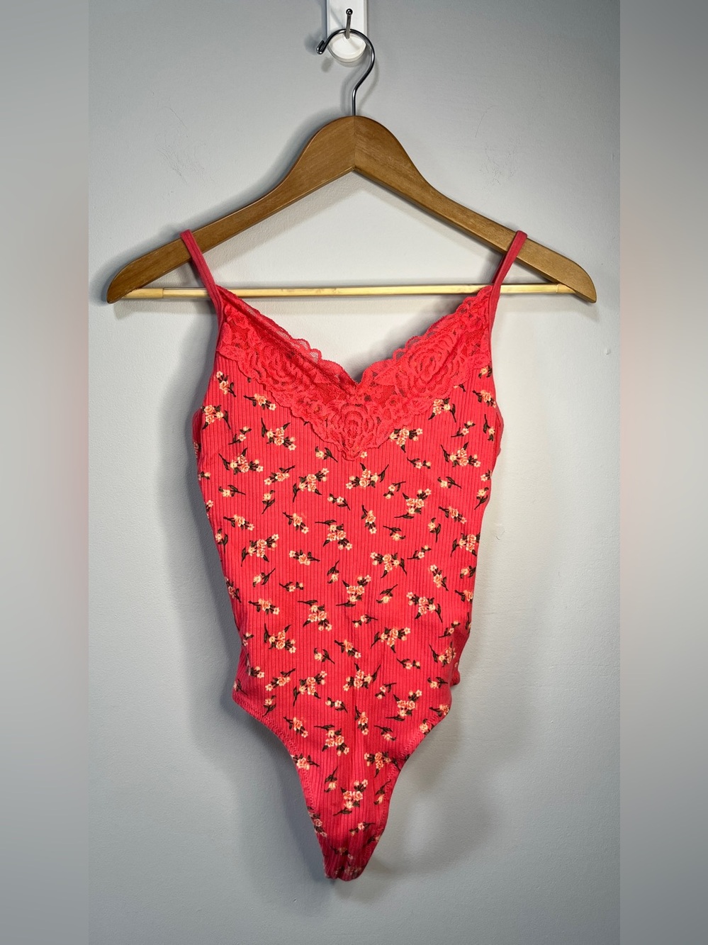 Floral Lace Trim Ribbed Cami Bodysuit - Coral Size Medium